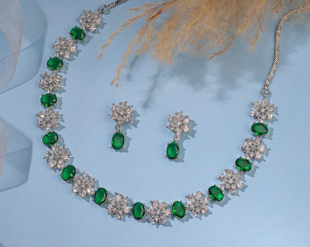 Emerald Bloom CZ Earrings & Necklace Set
